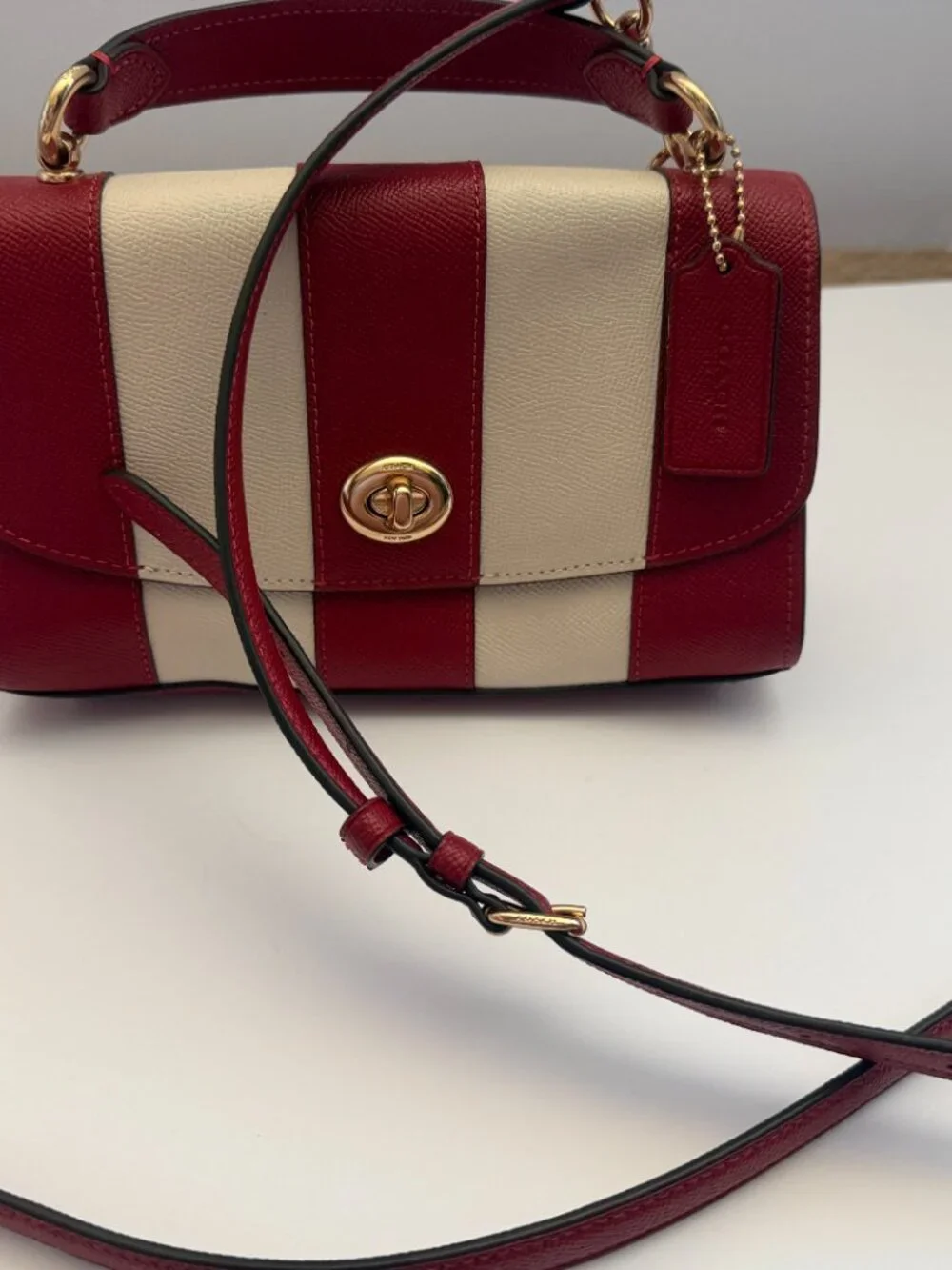 Coach Tilly Satchel 23 in Red/Chalk Striped Crossgrain